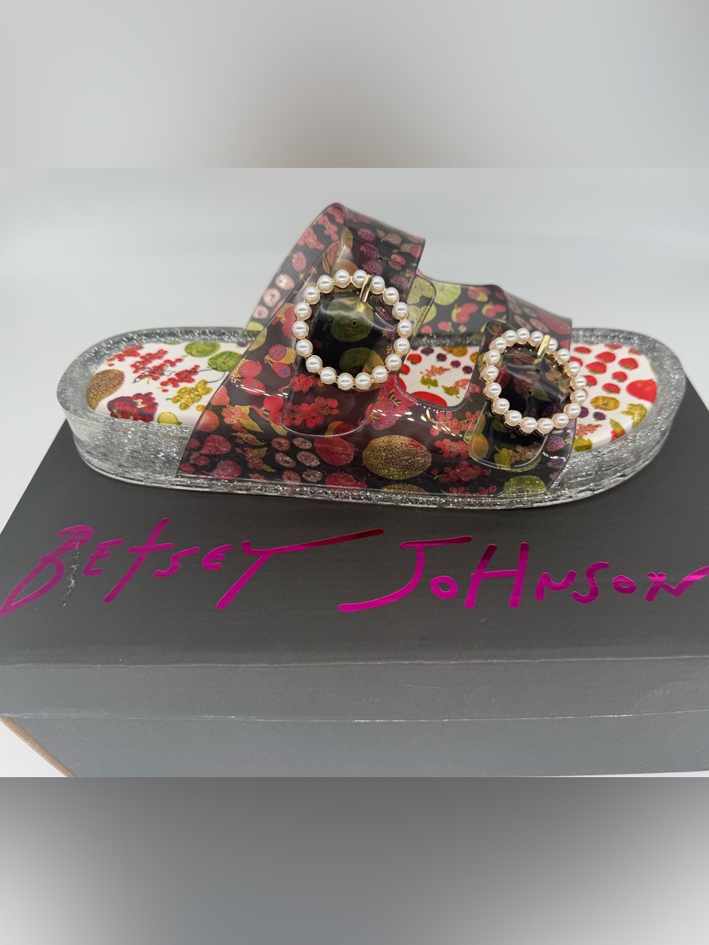 Betsey Johnson Landin Fruit Print Pearl Buckle Jelly Sandals Size 10